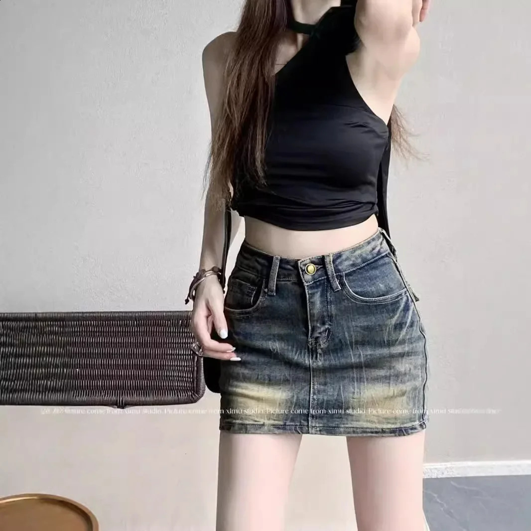 Womens American denim mini dress for weight loss sexy spicy girl tight fitting clothes with high waist cut Korean style 250417