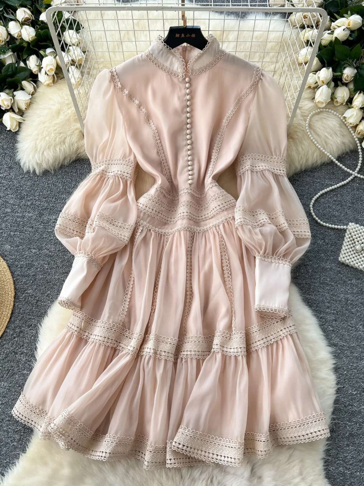 Short Dresses Shirt Women Spring Autumn Single Breasted Stand Collar Embroidered Crochet Formal Ocn Party Vestidos
