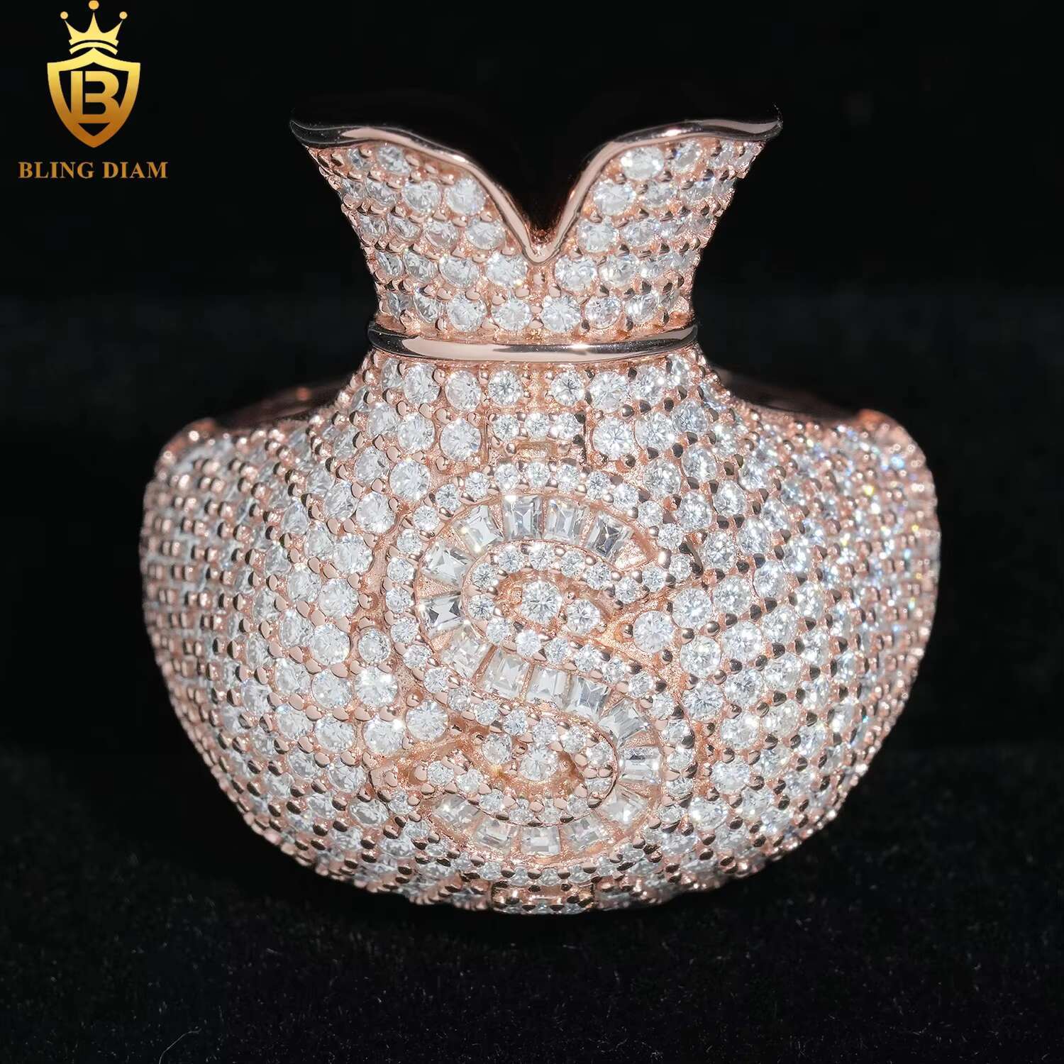 Hip Hop Jewelry Money Bag US Dollar Rings 925 Sterling Silver Gold Plated Ice Out Vvs Moissanite Fully Diamond for Men