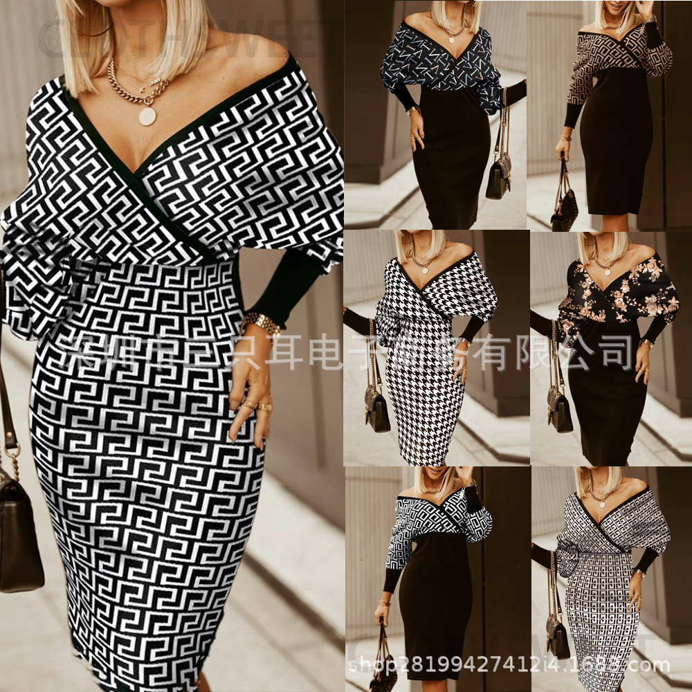 Aw2021 V-neck geometric print tight bag hip medium length dress women