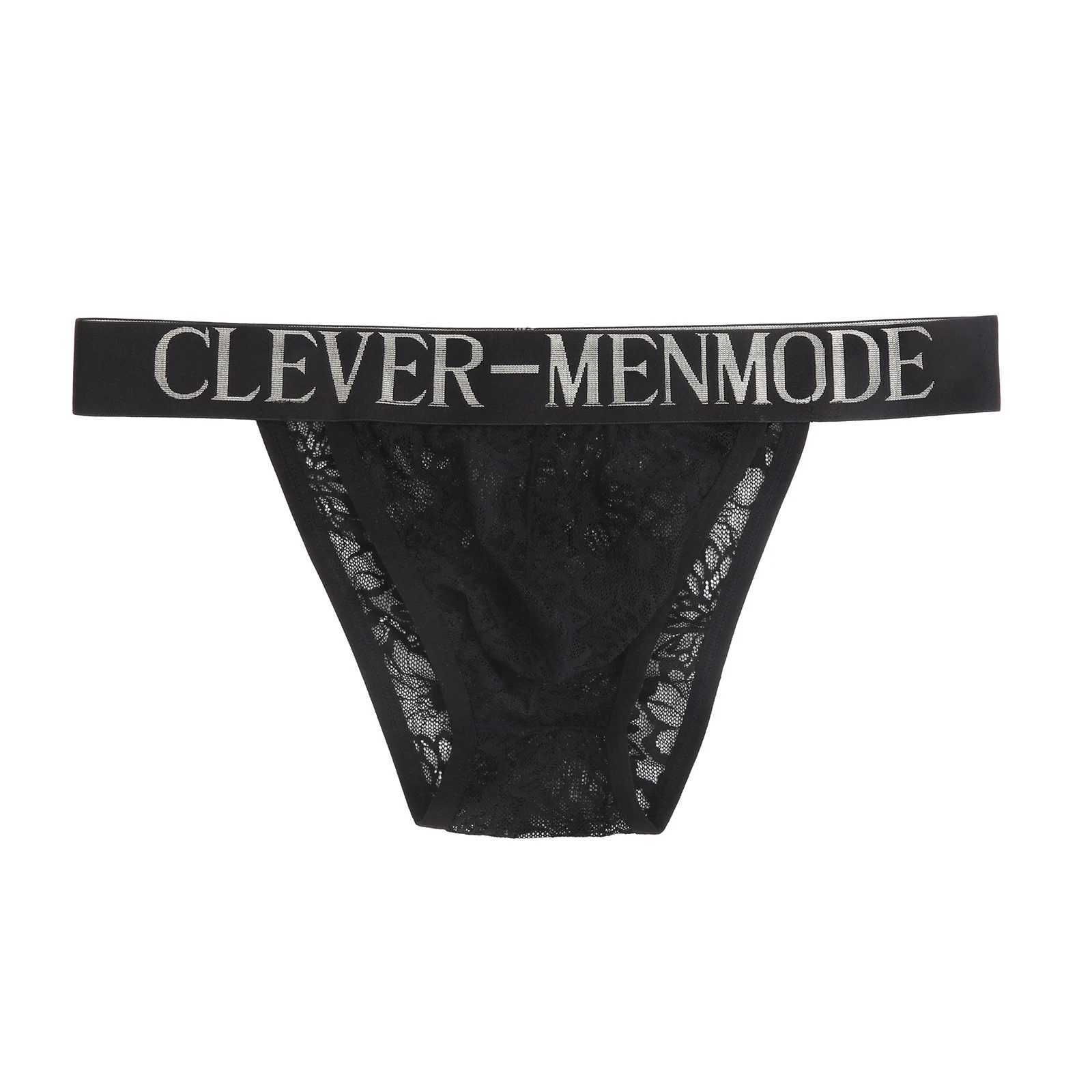 CLEVER-MENMODE Mens Sexy Underwear Lace Penis Pocket Underwear Mini Underwear High Cut Transparent Underwear Wide Belt M250424