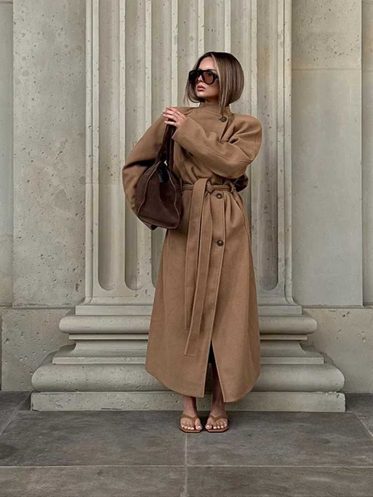 Fashion Faux Wool Long Coat for Women Autumn Elegant Double Breasted Belts Jackets Chic Turn-down Collar Thick Outerwear J251124