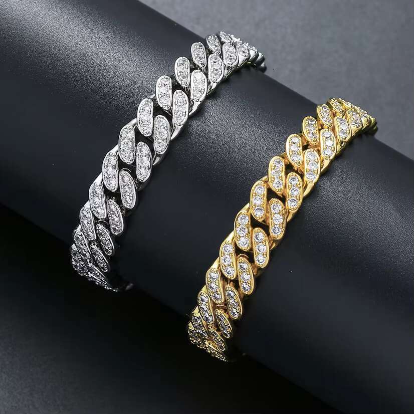 BES 12MM Hip Hop Jewelry Gold Plated Baguette Cuban Chain Cubic Zircon Diamond Prong Miami Iced Out Cuban Bracelet