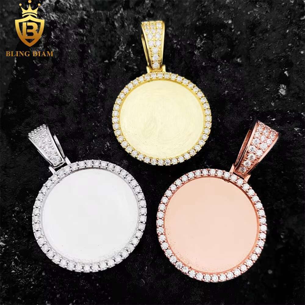 Custom Jewelry Picture Memory Circle Pendant With Chain Vvs Moissanite Diamond 925 Sterling Silver Rose Gold Plated