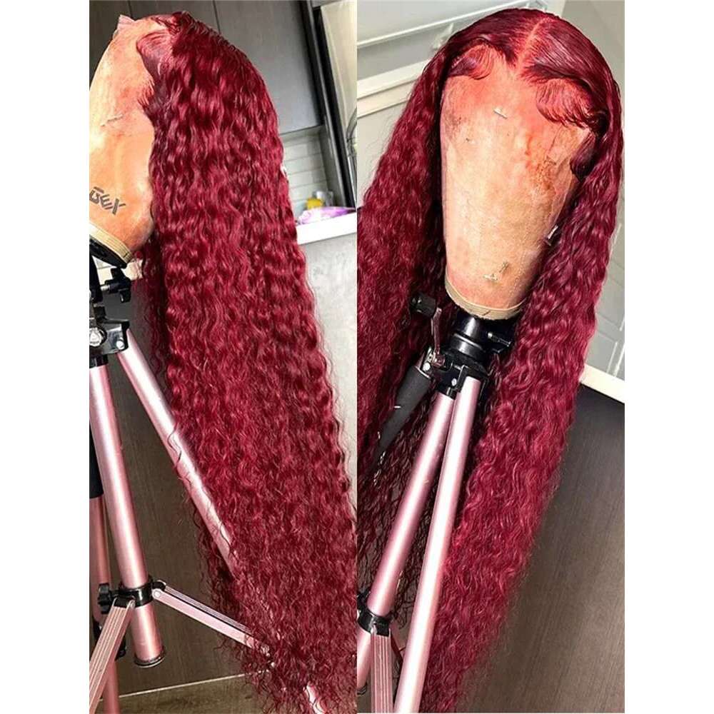 250 Density Deep 99J Bury 13X4 Frontal Wig Human Hair 13X6 Curly 30 40 Inch HD Lace Front Wigs Red Wine Water Wave