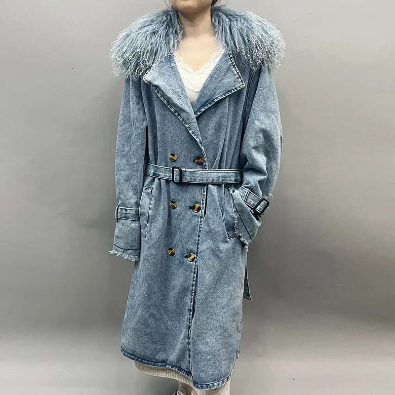 Lady Fashion Mongolian Denim Jacket Spring Autumn Long Trench Coat With Fur Detachable Collar