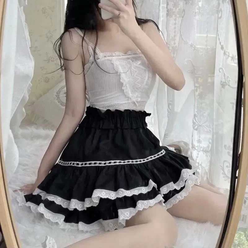 Lace Ruffle A-line Skiing Womens High Waist Tutu Elastic Waist Lolita Sweet Cute Preparatory Style Faldas Black Cake Skiing M250424