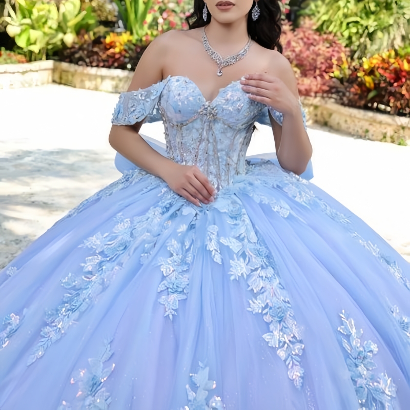 Sky Blue Princess Quinceanera Dresses Off Shoulder Applique Lace Beads Bow Tull Sweet 16 Dress Ball Gown Vestidos 15 De Anos