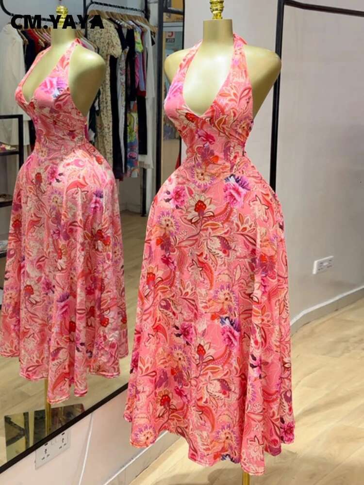Cm.Yaya Women Paisley Printed Halter Neck Backless Sleeveless Fit And Flare Long Maxi Dress 2025 Chic Birthday Vestidos Dresses