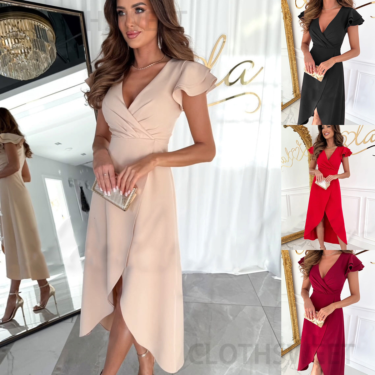 2025 new summer commuting solid color V-neck waist cinched ruffle sleeves irregular dress for women