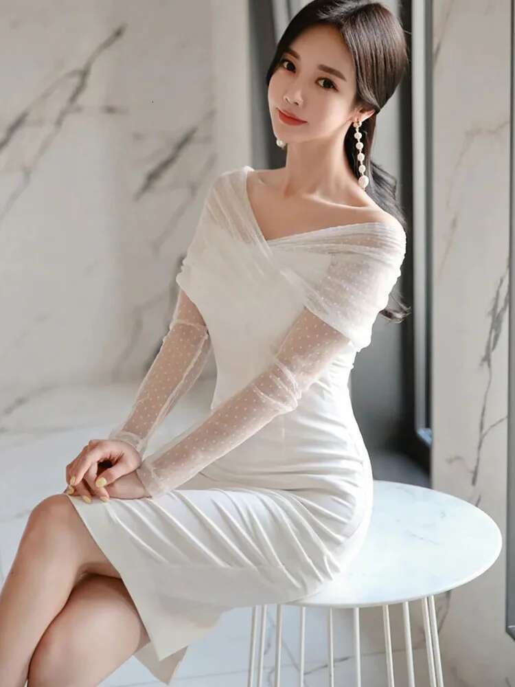 Elegant Office Lady Dress Summer White Lace Sexy Off Shoulder Slash Neck High Waist Tight Temperament Party Women's Dresses