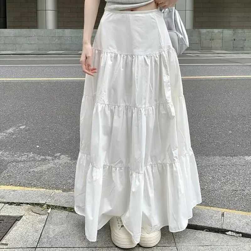Y2k womens skiing retro high waisted elastic patch work white chic long cake A-line skiing streetwear M250424