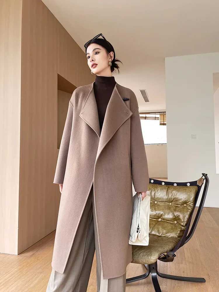 Dual Purpose Collar Wool Coat Horn Button Women 100 Wool Overcoat Double-Layers Autumn Winter Long Jacket Thick Trench Coat 23 J251124
