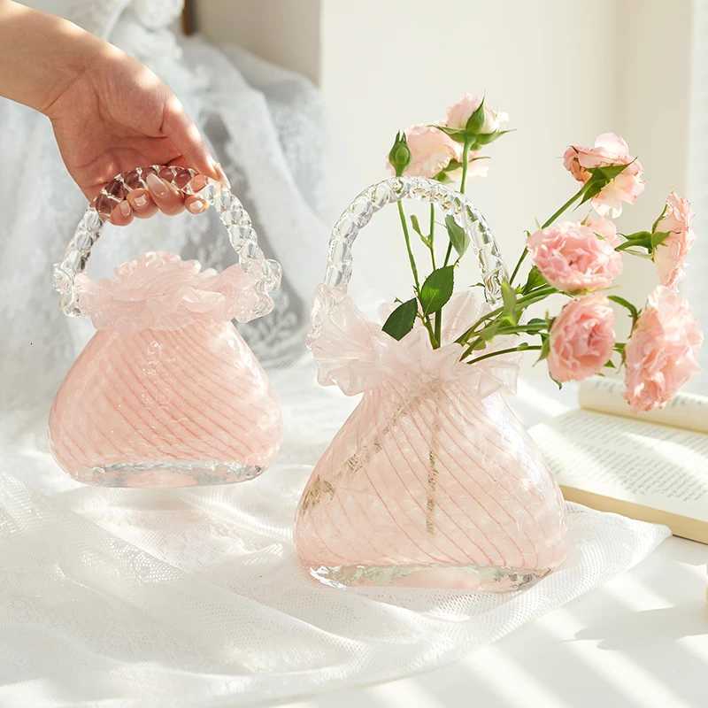 High sense Internet celebrity light luxury glass handbag bag vase glass flower basket living room home soft decoration flower C251124