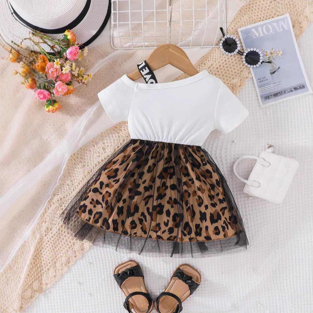 Girls Leopard Pattern Summer Girls Dress 2025 New Fashionable Girl Printed Splicing Leopard Pattern Mesh Skirt Y2504233sky