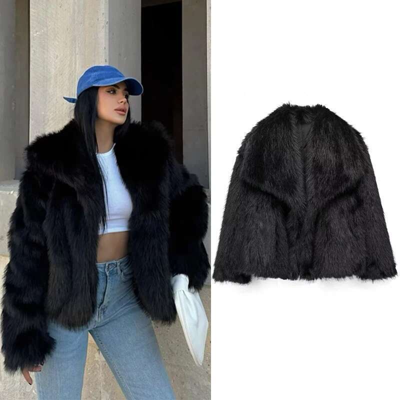 Designer Clothes TRAF Women Black Fluffy Women's Autumn Winter Faux Fur Coat Plush Outerwears White Gray Warm Cropped Jacket
