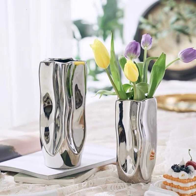 Silver Flower Pot Ceramic Vase Ornament Living Room Flower Vase Light Luxury Modern Simple Dining Table Home Decoration Jarrones C251124