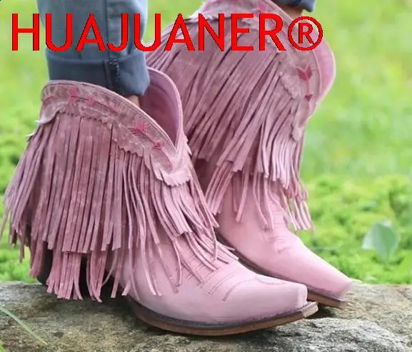 2025 Women Mid-calf Low Heel Bohemia Motorcycle Boots Fringed Cowboy Boots Shoes Spring Autumn Tassel Women Boots Botas Mujer 250418