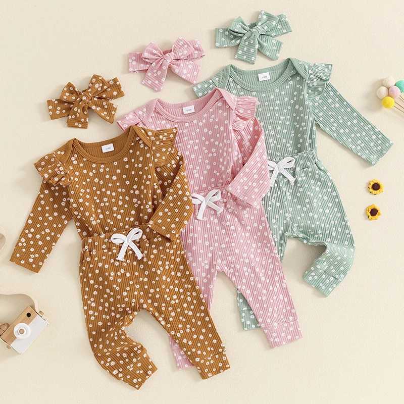 Clothing Sets 2024-05-22 Lioraitiin Baby Girl Fall Outfit Floral Long Sleeve Ribbed Romper Elastic Waist Pants with Bow Headband 3 Piece Set R250424