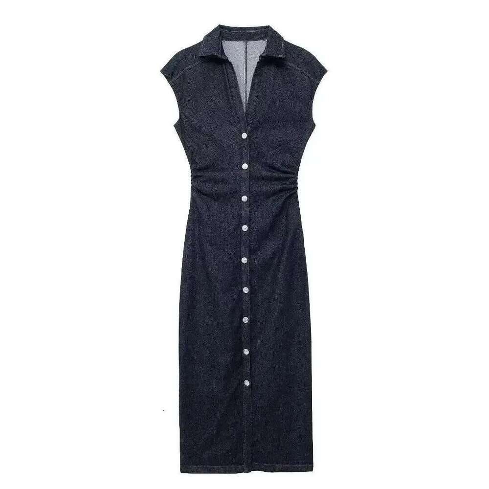 TRAFSHE Sleeveless Denim Long Women Bodycon Tank Midi Dress Woman Summer Ruched Button Up Casual Dresses For Lady