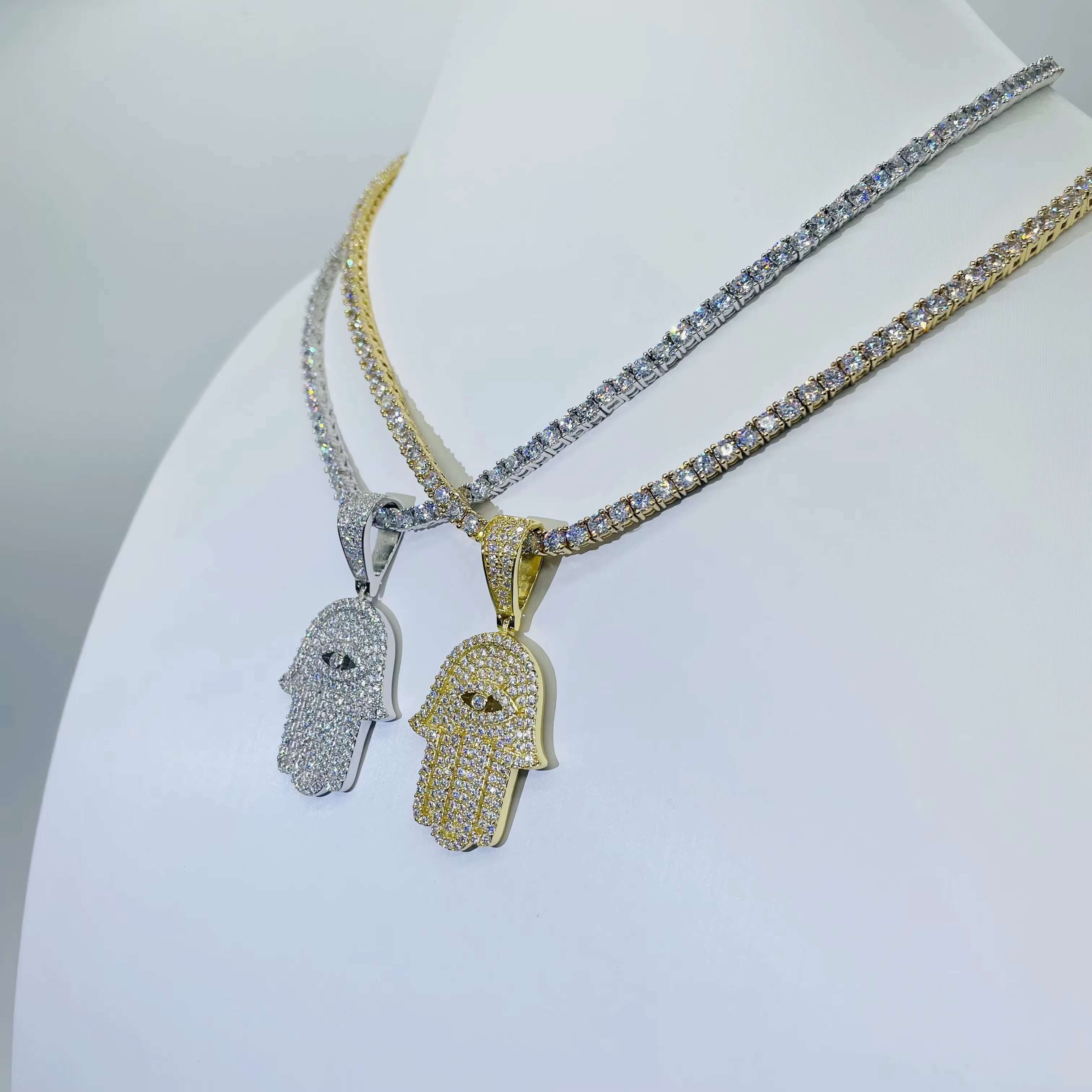 Moissanite Hip Hop Jewelry Women Men 925 Sterling Silver Hamsa Hand Moissanite Iced Out Pendant