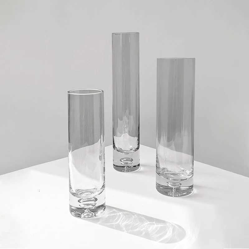 Ins Light Luxury Style Straight Cylinder Slim Mouth Glass Vases - Large Medium Small Sizes Decorative Pieces for Living Room C251124