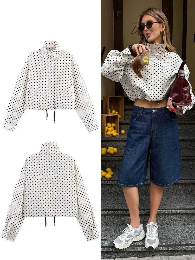 Woman Polka Dot Print Jacket Turtleneck Long Sleeves Zipper Drawstring Coats Streetwear Pockets Womens New In Outerwear J251124