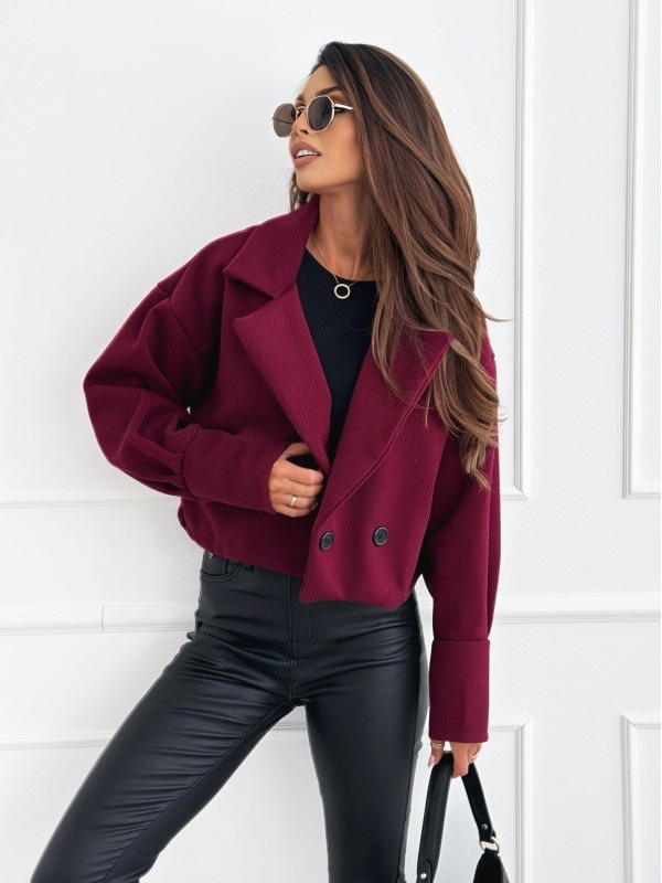 2024 new autumn and winter fashionable versatile suit collar solid color short woolen coat for women