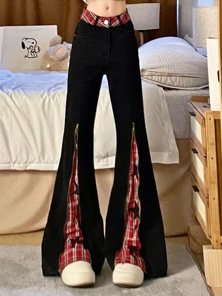 Retro plaid patchwork work flash jeans for women high waisted slimming straight leg denim pants oversized Y2k 2000s trash can 250422