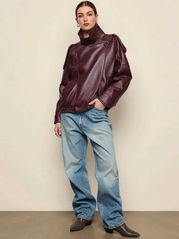 HH Women Vintage Pu Leather Motorcycle Jackets Long Sleeve Turtleneck Zipper Coat Autumn High Street Lady Faux Leather Jacket J251124