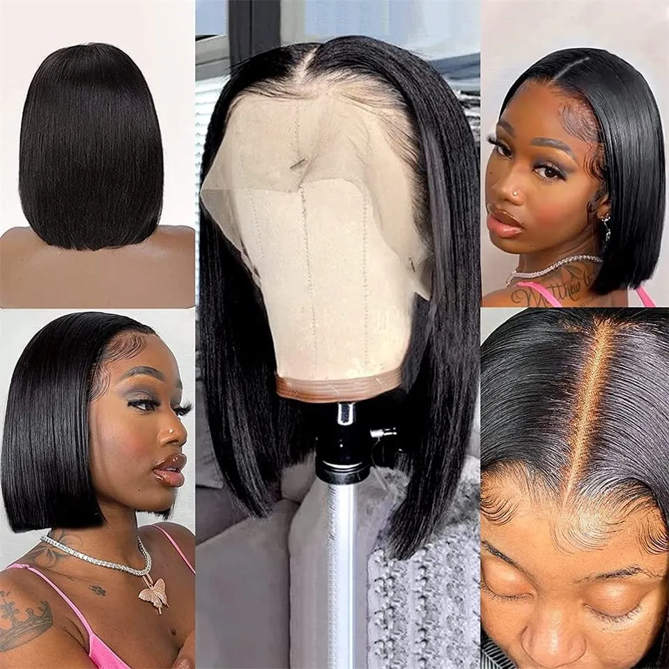 Black Colored Short Bob Human Wigs For Black Women Brazilian Straight Huamn Hair 13x4 HD Transparent Lace Front Hair Wig Lace Frontal Wig Pre Plucked 