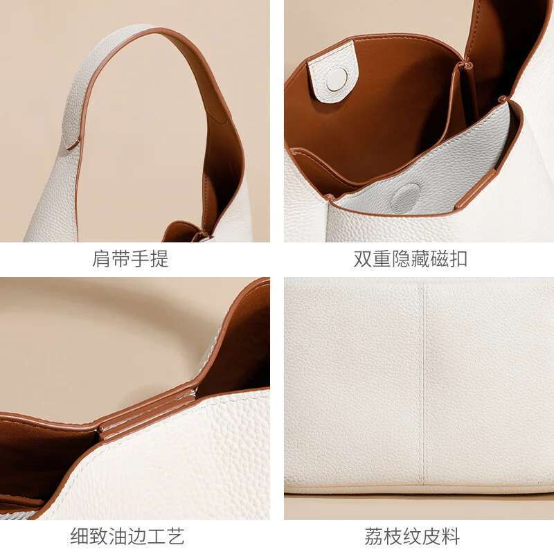 Genuine Women's Handbag Fashion Cowhide Classical Soft Leather Female Cabbage Bucket Shoulder Side Bags Designer Tote