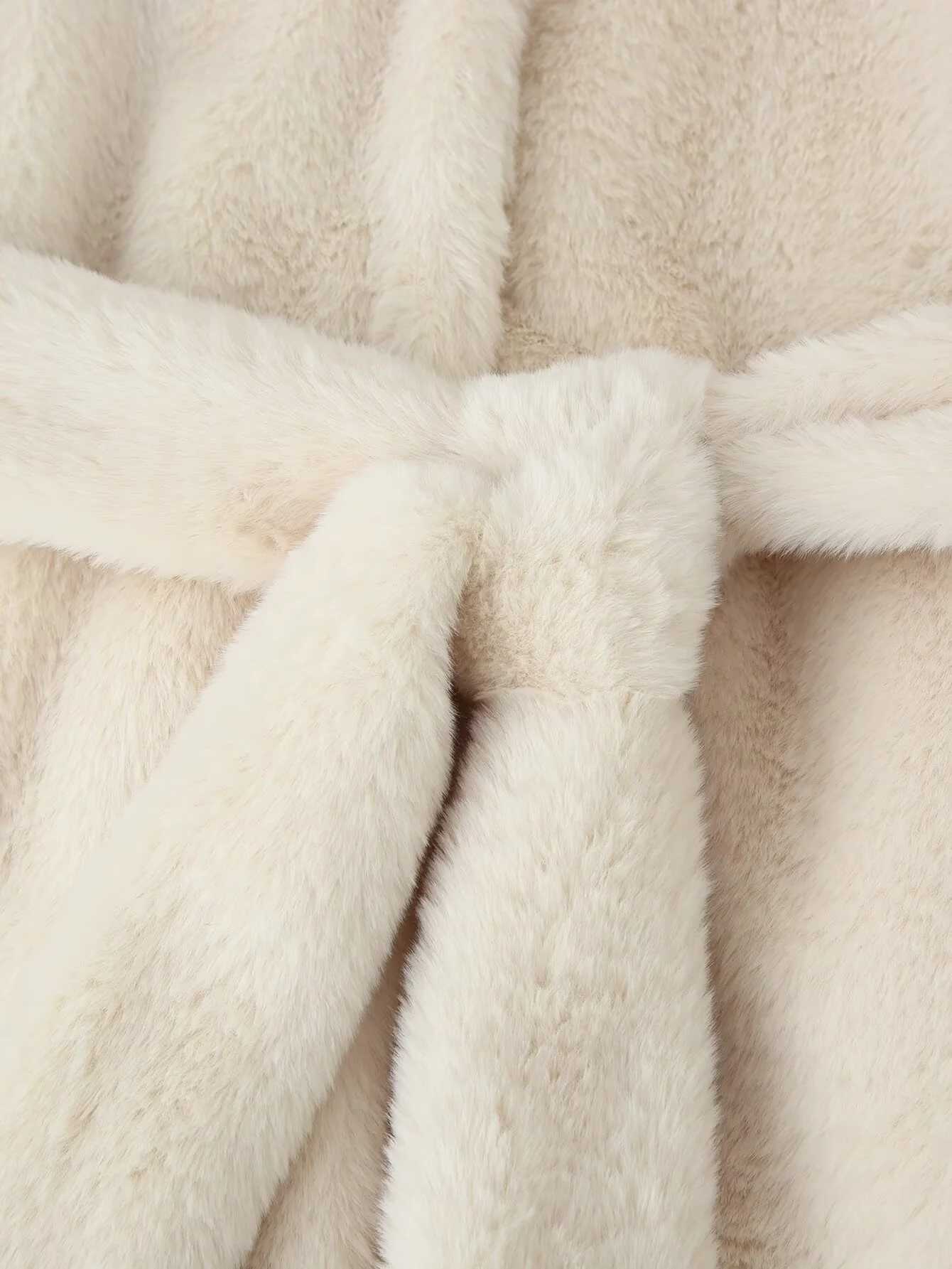 2025 Winter New Womens Casual Fashionable Simple Elegant Versatile Lapel Long Sleeve Coat with Belt and Faux Fur Effect J251124