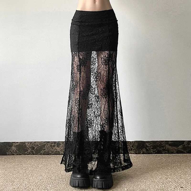 Goth Dark lace patch long shopping center Gothic Coquette high waist body Skirts sexy transparent hem split bottom elegant M250424
