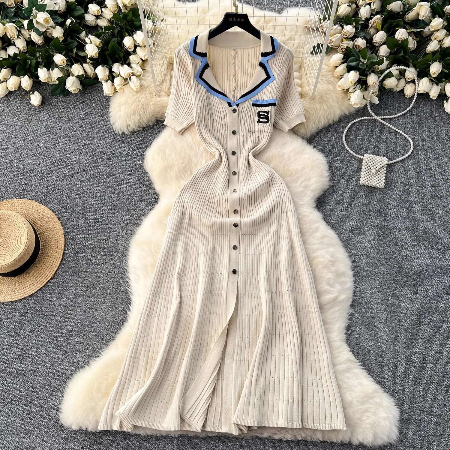 Yuoomuoo Early Autumn Embroidery Maxi Dress Women Fashion Y2k Single-Breasted Knitted Elegant Lady Office Dresses