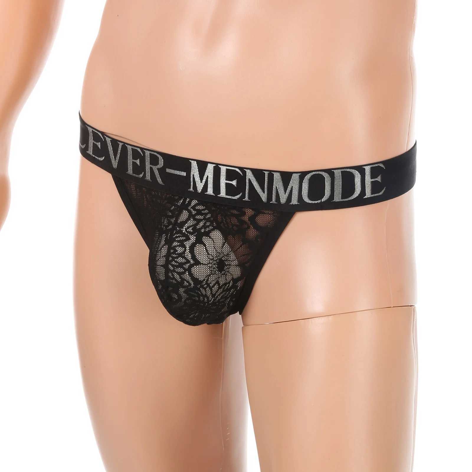 CLEVER-MENMODE Mens Sexy Underwear Lace Penis Pocket Underwear Mini Underwear High Cut Transparent Underwear Wide Belt M250424