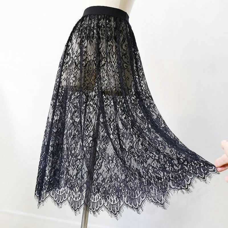 Womens sexy mesh lace transparent long sheer skiing Korean fashion summer womens elastic high waist black and white beach Midi skiing M250424