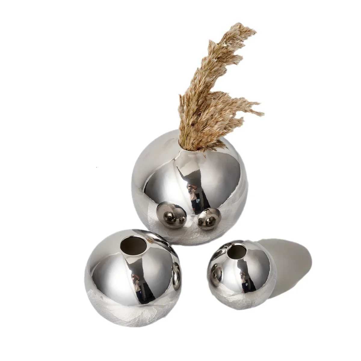 Luxury Galvanized Silver Ball Ceramic Vase Living Room Dining Table Art Vase Plant Flower Arrangement Countertop Ornament C251124