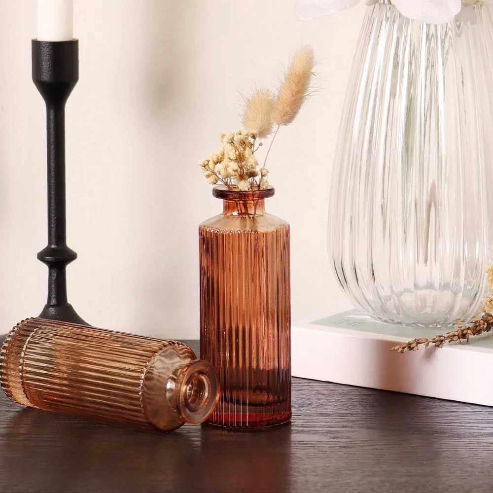 2 Pack Mini Ribbed Translucent Glass Tabletop Vase 52 Inch Indoor Floral Display Decorative Accent Home Decor C251124