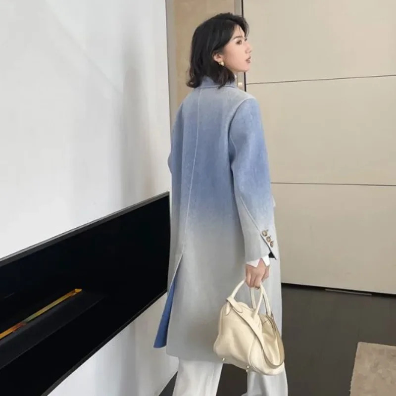 High Quality Women Gradient Color woolen cloth Coat Female Temperament Long Below The Knee Outwear Casual Fashion Outcoat 251121