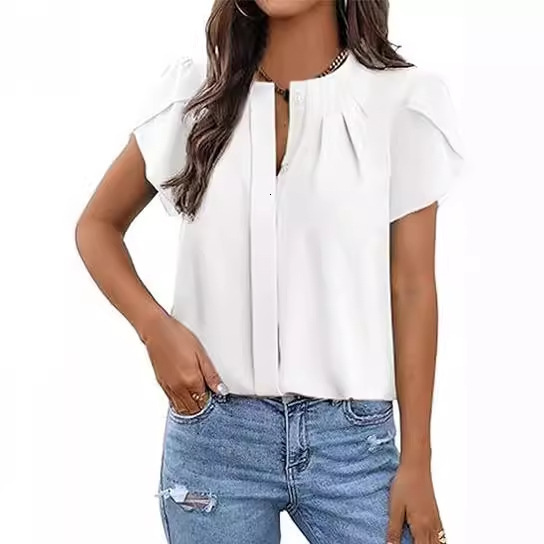 2024 Summer Minimalist Womens Round Neck Petal Sleeve Shirt