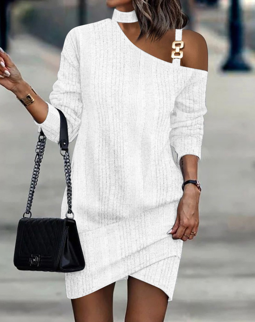 2023 Autumn/Winter Long Sleeve Chain Neck Solid Color Button Dress for Women