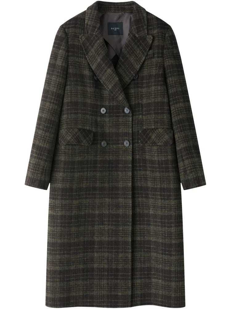 DUSHU 696 Wool Temperament British Style Women Long Plaid Wool Coats Notched Coolar Double Breasted Front Shoulder Female Coat J251124