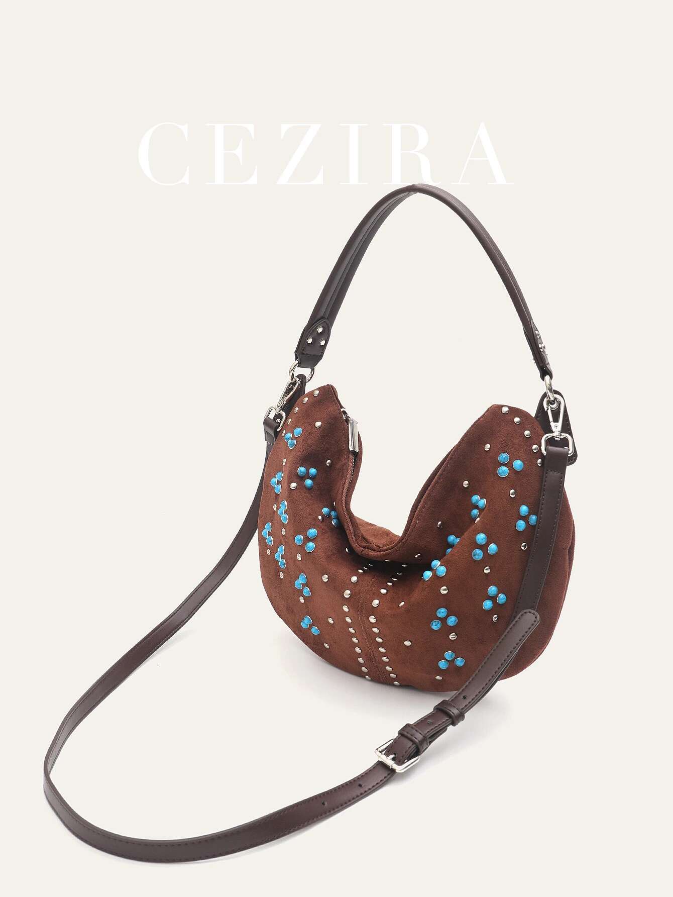 Bohemia Retro Tribal Style Women's Faux Suede Fabric PU Vegan Leather Patchwork Studded Beads Decor Half-Moon Hobo Shoulder Bag