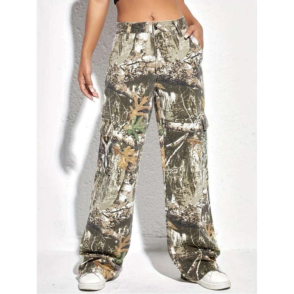 Camouflage Denim Trousers For Women High Waist Patchwork Button Colorblock Loose Wide Leg Pants Female Autumn Clothes