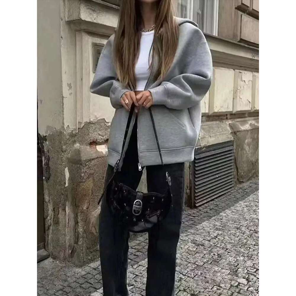 TRAFZA Autumn Women Gray With Hood Long Sleeve Big Pocket Zipper Jacket Woman Loose Casual Outerwear Coat Tops