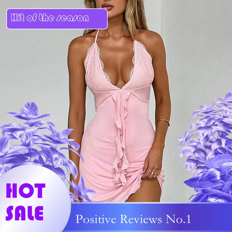 Dongdumaoyi Townlike Ruffles Lace Patcheork Slim Bodycon Dress Women Halter Mini Spring Summer Backless Sexy Party Dresses