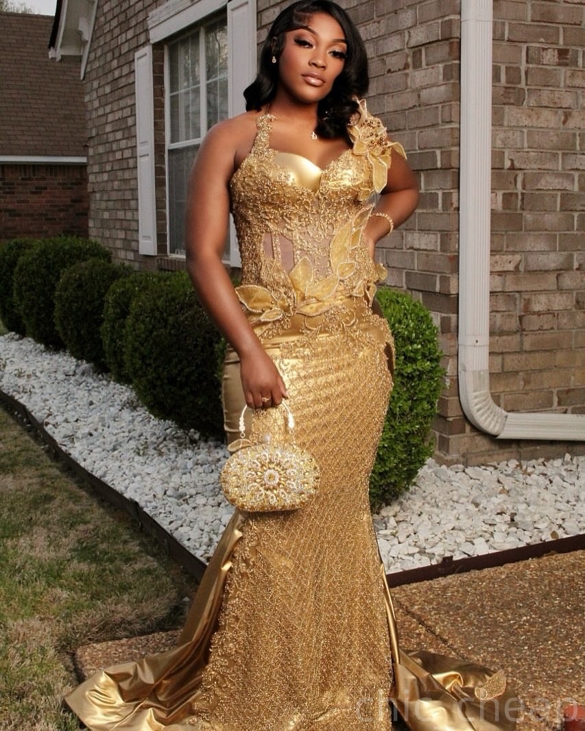 Mermaid Gold Plus Size Prom Dresses 2025 Sparkly Florals Sequined Evening Formal Party Second Birthday Engagement Gowns Dress For Special Occasions ZJ
