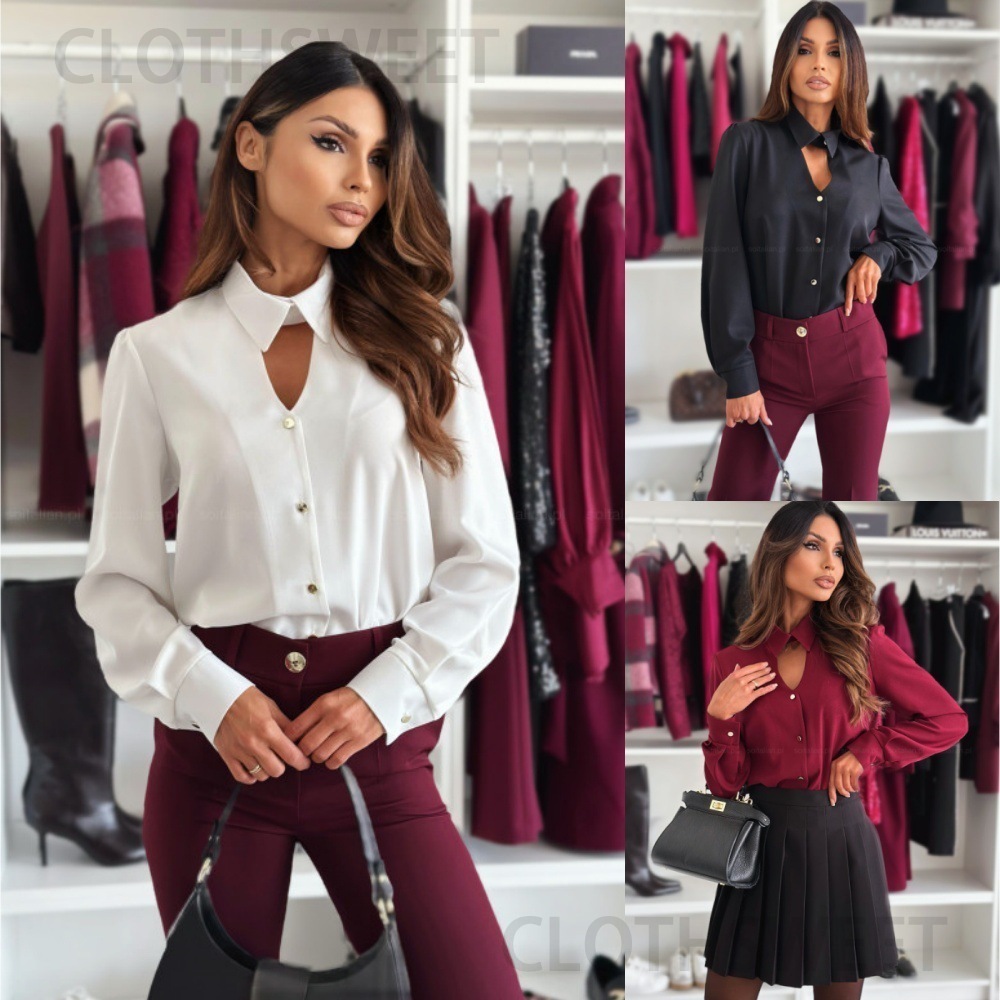 2024 autumn versatile long sleeved lapel hollow out shirt top for women