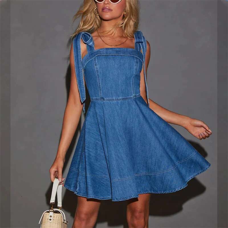 2024 Fashion Lace-Up Shoulder Straps Denim Dresses Summer Casual Backless Dress Female High Waist Suspenders Pleated Short Gown